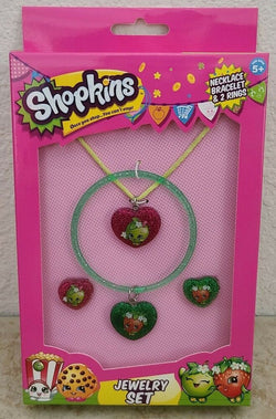 Shopkins Kids Jewelry 4 piece Set Necklace Bracelet and 2 Rings Apple Strawberry