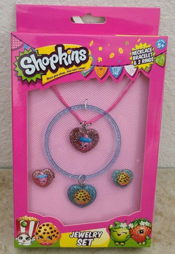 Shopkins Kid's Jewelry 4 piece Set Necklace Bracelet and 2 Rings Cookie Cupcake